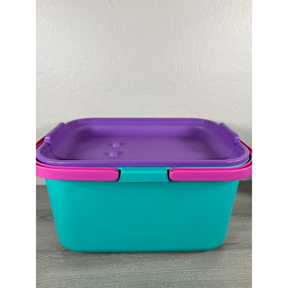 Vintage Eagle Plastic Picnic Basket Craft Storage Box Teal Pink Purple 90s USA